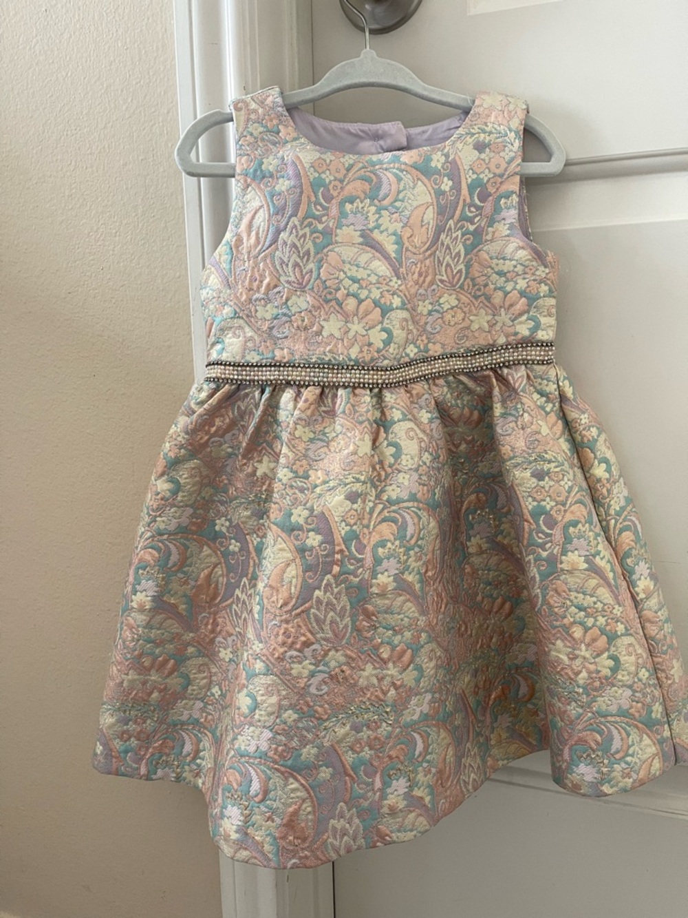 Bonnie Jean Pastel Floral Jacquard Dress with Beaded Waistband